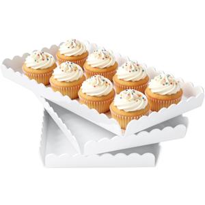 Acrylic Serving Trays 3 Pack, Glossy White Scalloped Acrylic Platters for Party Table Serving Food Cupcake Fruit, 12.9 x 7.1 Inch Reusable Catering Dessert Coffee Table Serving Tray for Wedding Event (Tray-White)