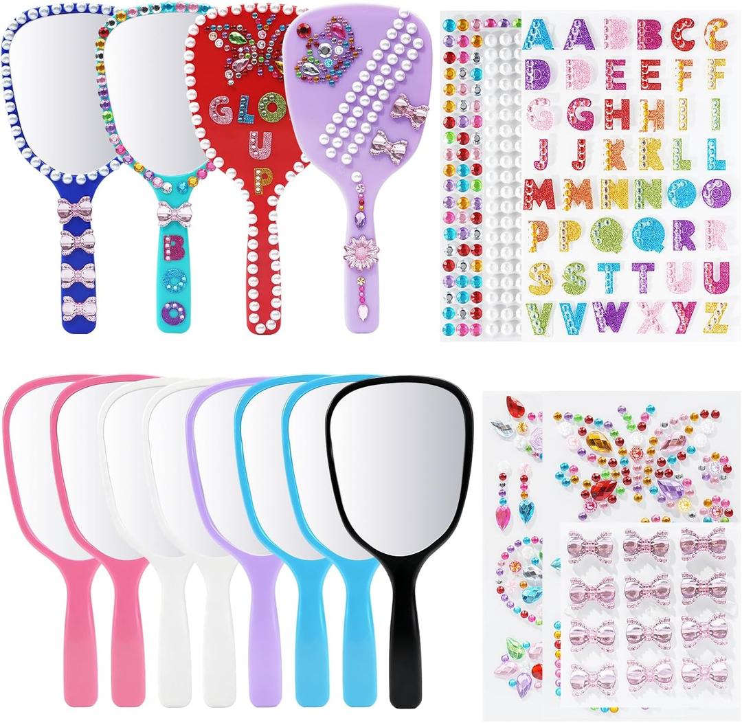 Small Handheld Mirror with Handle Bulk Princess Mirror with Gem Rhinestone Stickers Mini Travel Makeup Mirror for Kids DIY Crafts Girls Party Favors (12, Bright Color)
