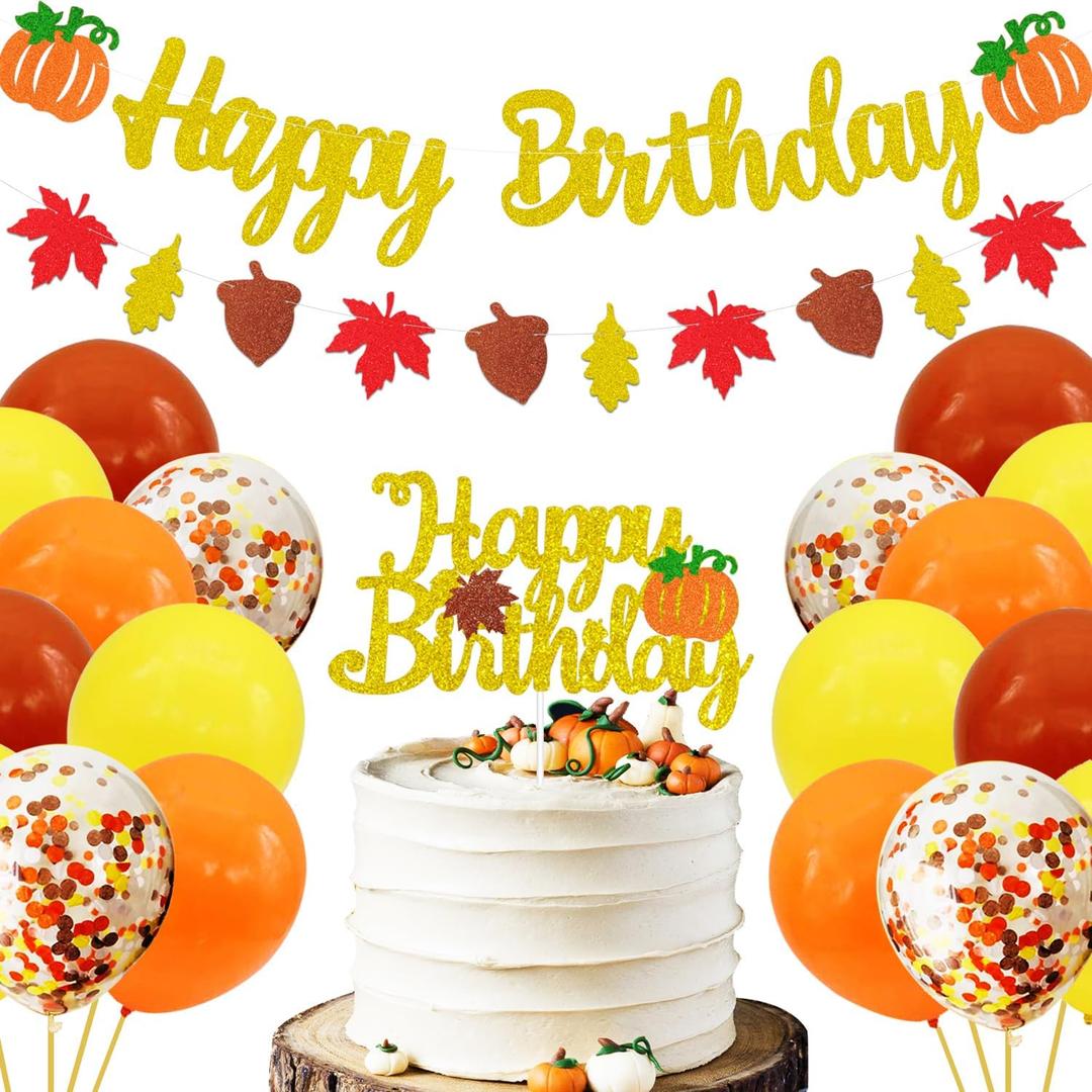 Birthday Decorations, Little Pumpkin Thanksgiving Fall Autumn-themed, NO DIY Cake Topper, Pre-Strung Happy Birthday Banners Maple Leaf Garland and Balloons Birthday Decor Baby Shower Party Supplies