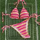 MakeMeChic Women's Striped Triangle Thong Micro Bikini Sets Halter Swimsuits Bathing Suit (XS)