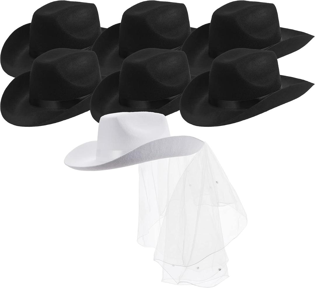 Cowgirl Hats Party Pack | Bride White Cowboy Hat and Black Cowgirl Hats | 7 Pack for Women's Bachelorette Party