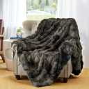 Wajade Fluffy Faux Fur Throw Blanket for Couch Bed 90x90, Luxury Soft Thick Fuzzy Plush Bubble Blanket, Warm Cozy Blanket for Sofa Chair, Tie-dye Dark Grey
