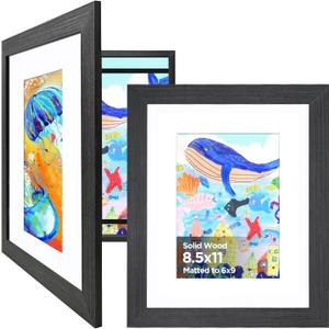 KINLINK 8.5x11 Kids Art Frames Set of 2, Solid Wood Kids Artwork Frames Changeable with Acrylic Front Opening Holds 150 Pictures, Art Frames for Kids Artwork with Mat or without Mat, Black Wood
