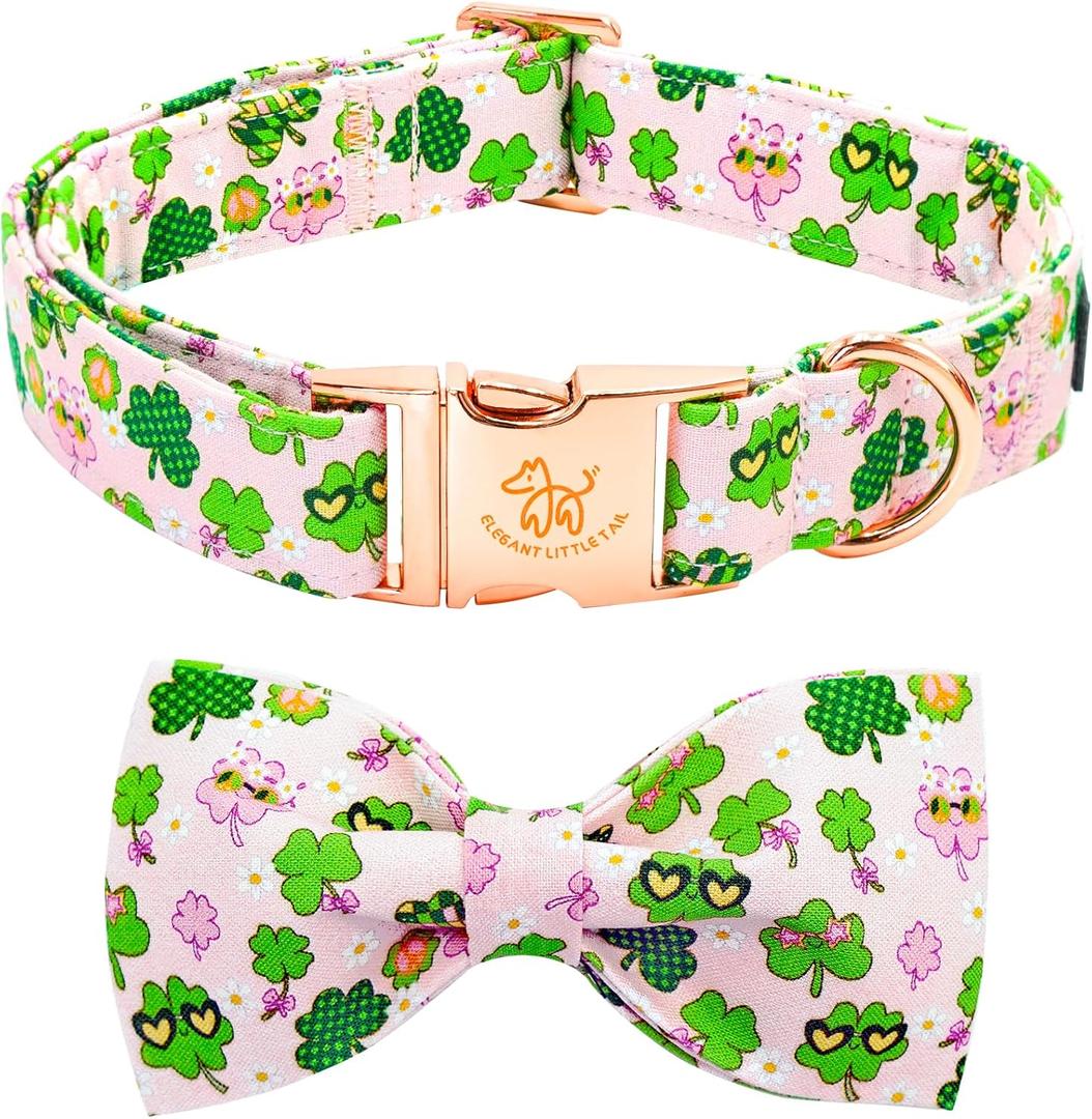 Elegant little tail St Patrick's Dog Collar, Cute Colver Cotton Shamrock Pet Collar Trefoil Soft Puppy Collar Pink Holiday Adjustable Cotton Pet Collar with Bow for Small Medium Large Dogs (Medium (Pack of 1))