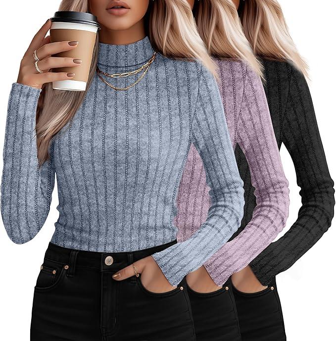 3 Pack Women's Mock Turtleneck Sweaters, Long Sleeve Ribbed Knit Tops Fit Soft Thermal Underwear, Lightweight Spring Pullover (Light Blue, Light Purple, Black), Size Small