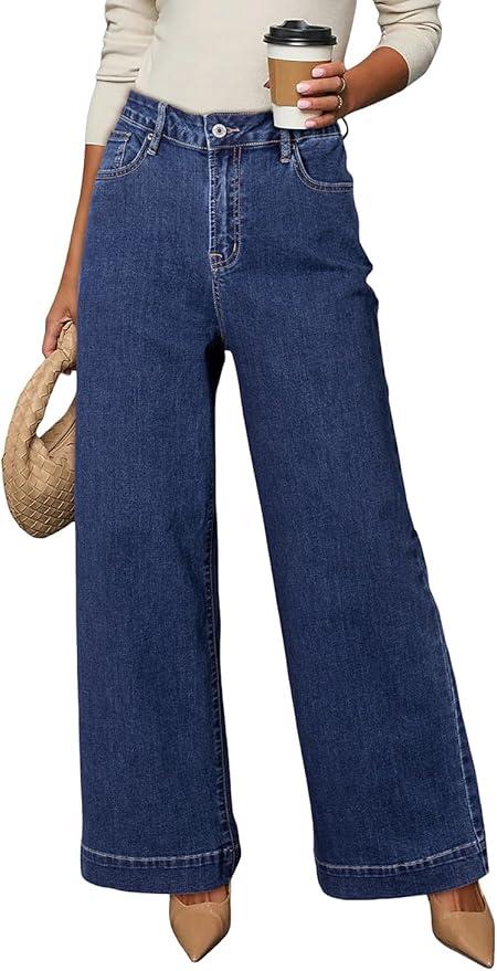 Women's Casual High Waisted Jeans Stretch Button Wide Leg Loose Denim Pants with Pockets, Size 10