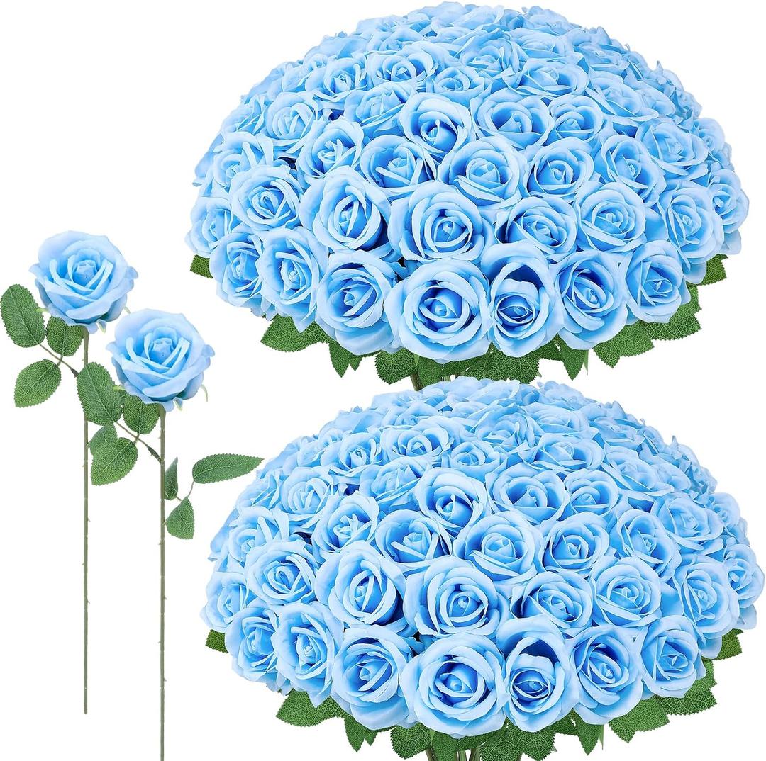 72 Pcs Artificial Roses Aqua Blue Fake Silk Roses Realistic Roses Faux Flower Indoor Wedding Home Decor, Birthday Decorations