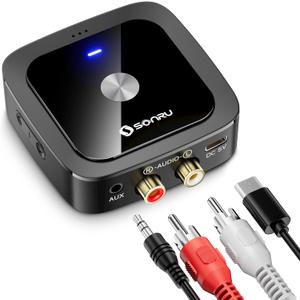 SONRU Bluetooth 6.0 Receiver, Bluetooth Adapter for Old Receiver, Low Latency, 24-Hour Battery Life with AUX 3.5mm/RCA, HiFi Wireless Audio Adapter for Speakers/Home Music Streaming Stereo System (Black)