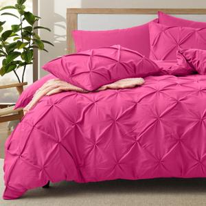 VACVELT 5 Piece Pinch Pleated Duvet Cover King Size Set, No Comforter, Hot Pink Pintuck Duvet Cover with Zipper & 8 Ties, Shabby Chic & Microfiber, 2 Pillow Shams, 2 Pillowcases