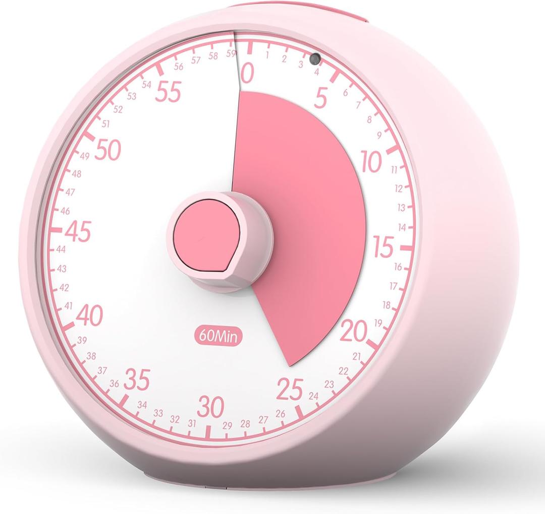 Visual Timer 60-Minute, Kids Timer for Homeschool Desk, Time Management Tools with Silent Operation, Timer for Kitchen Office Classroom(Pink)