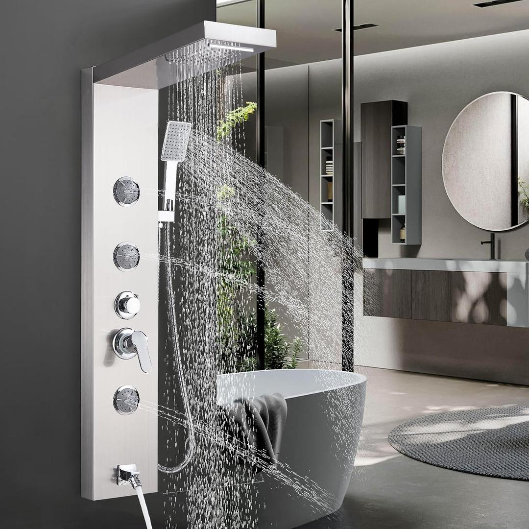 AlenArt Shower Panel Massage Jets Rainfall Waterfall Shower Head, Shower Stainless Steel Wall Mount Massage Multi-Function Bathroom Shower Panel Tower System, Brushed Nickel