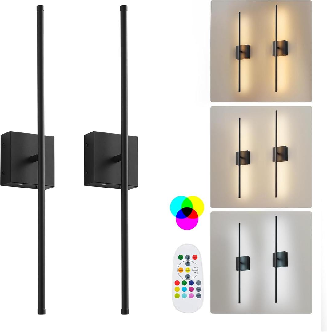 28.3 Inch 9 RGB Color Battery Operated Wireless Wall Sconces Set of Two, with Remote, Dimmable, Warm/Natural White/Daylight, Rotatable, LED Wall Light for Living Room, Bedroom, Black