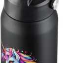 OLDLEY kids Water Bottle - 18oz Insulated Stainless Steel - Wide Straw Lid, Non Spill, Leakproof, Kids Water Bottle for School,Black Unicorn