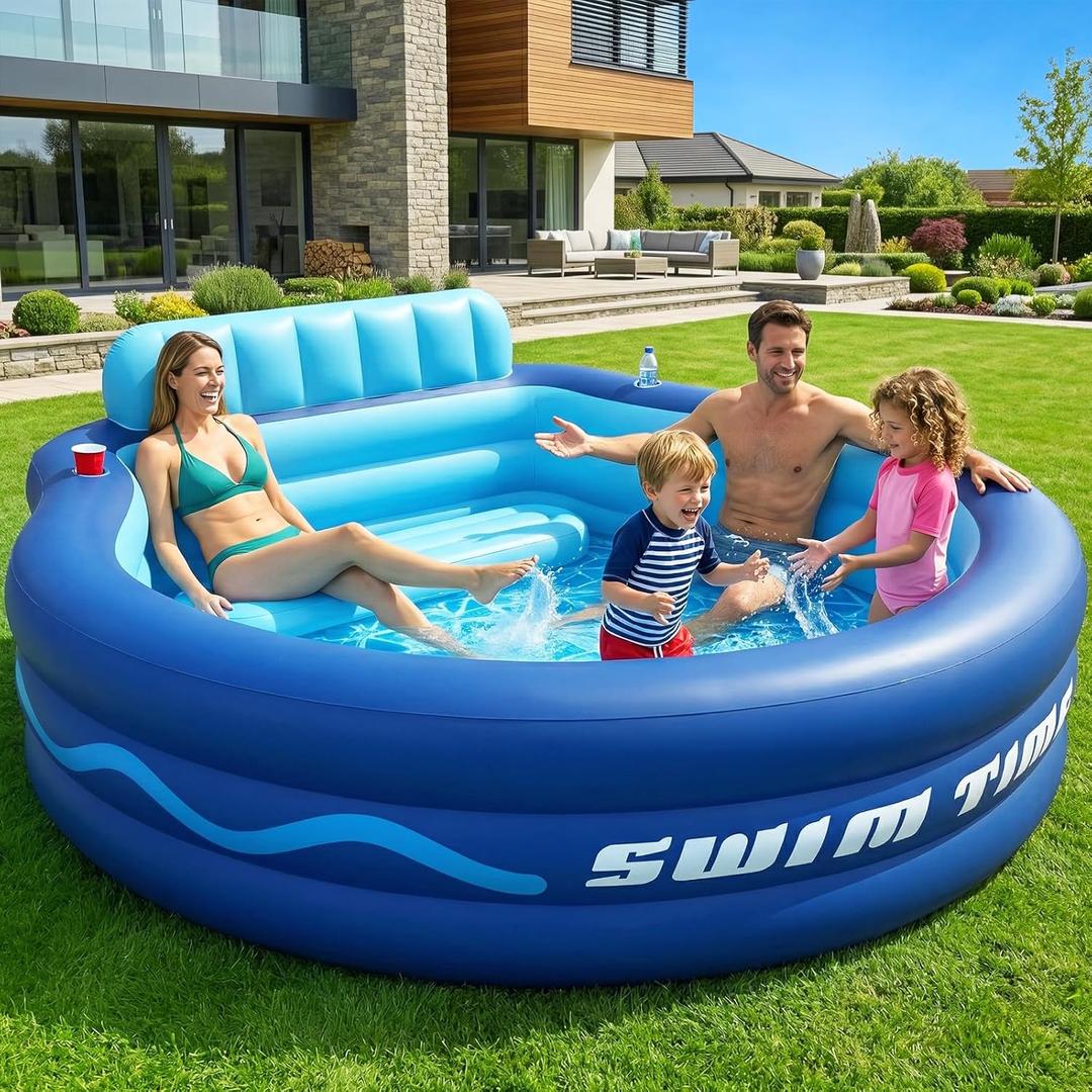Inflatable Pool with Seats and Headrest,Oversized Thickened Large Blow Up Pool for Audlt,Inflatable Backyard Pools for Adult,Durable Swim Center Inflatable Family Lounge Pool 90"90"20"-Navy