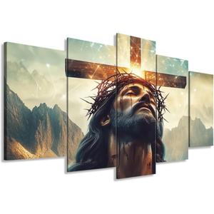 ZXHYWYM 5 Piece Christian Wall Art Jesus Pictures Set of 5 for Christ Church Dining Living Room Home Decor Cross Painting Canvas God Poster Prints Framed (Size 1)