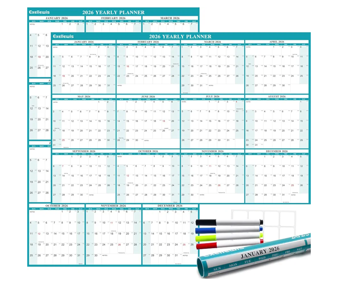 24" x 36" Exellewis 2026 Wall Calendar, Wet & Dry Erase Laminated, Yearly Wall Calendar, Horizontal/Vertical Annual Planner, 12 Month January to December for Easy Planning, Organizing