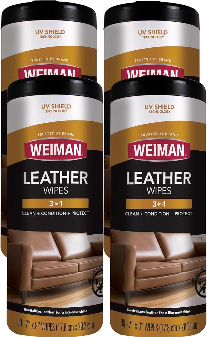 Weiman Leather Cleaner Wipes - Clean Condition UV Protection Help Prevent Cracking or Fading of Furniture, Car Interior, Couch, and Shoes, 4 Pack