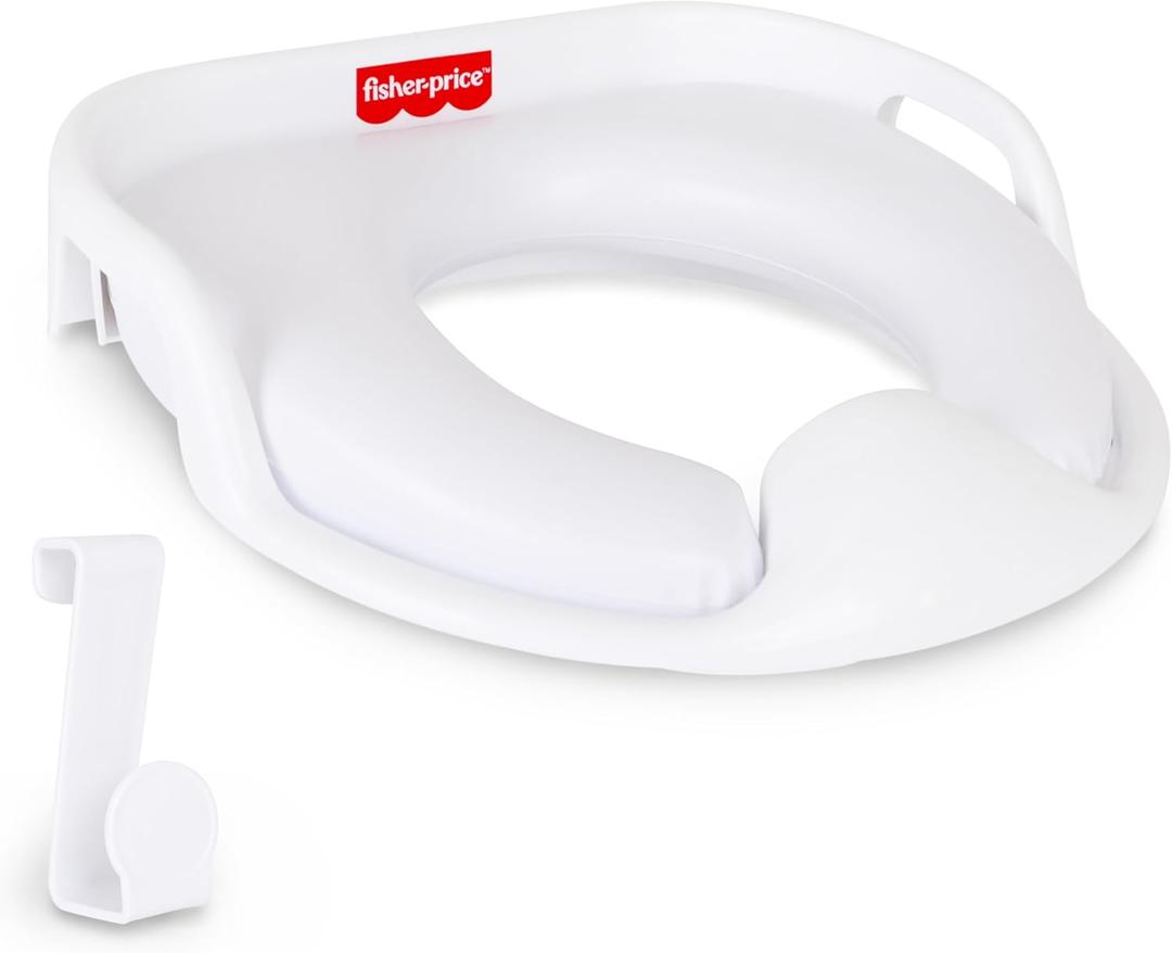 Fisher-Price Ready & Steady Potty Seat Deluxe Soft Padded Potty Ring with Handles, Splash Guard, and Storage Hook for Toddlers Potty Training, White