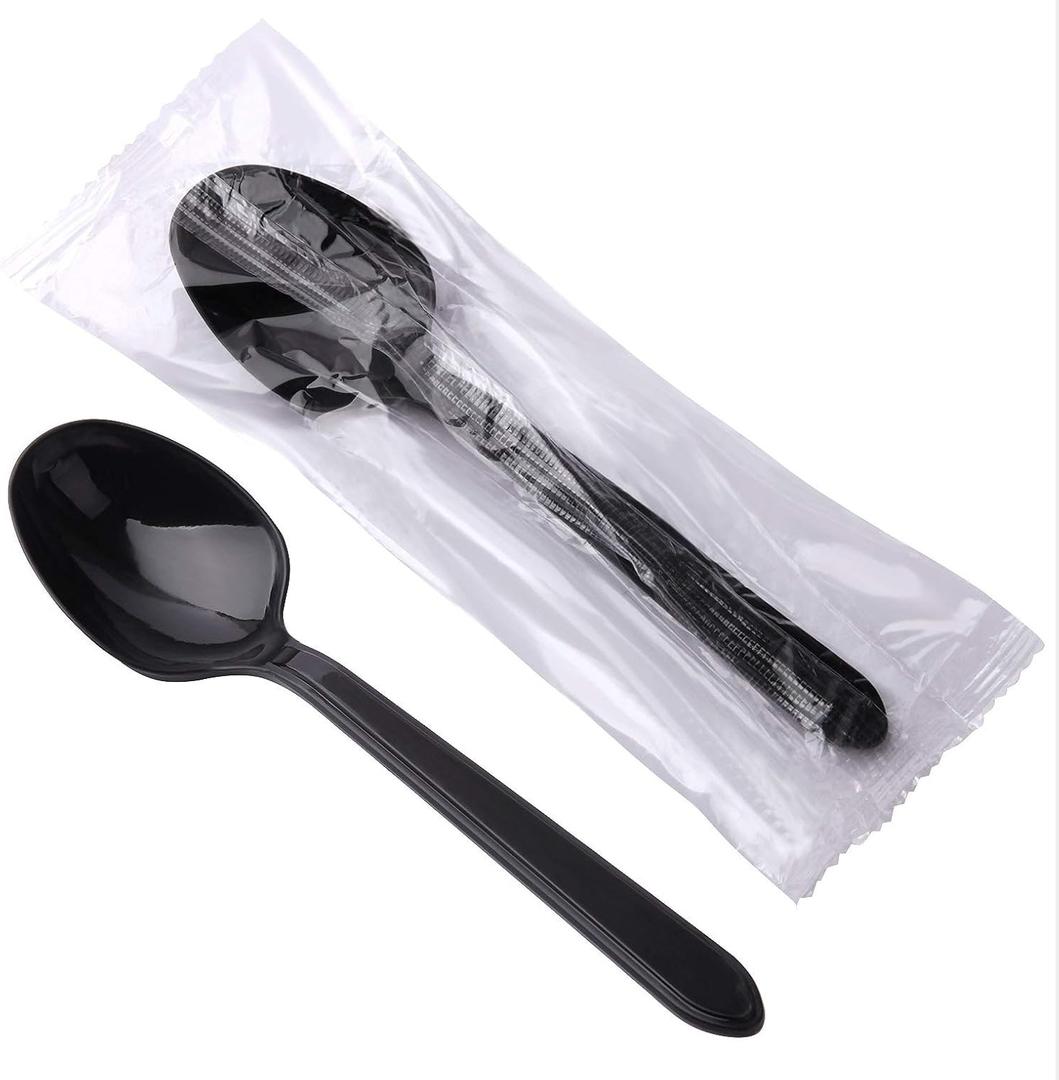 Plastic Spoons Individually Wrapped, 100pcs Heavy Duty Disposable Spoons Bulk - Ideal for Parties, Restaurants, Travel & Takeout (Black)