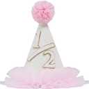 Half Birthday Party Hat, 6 Month Celebration, White and Pink with Gold Number, Glitter Party Decoration
