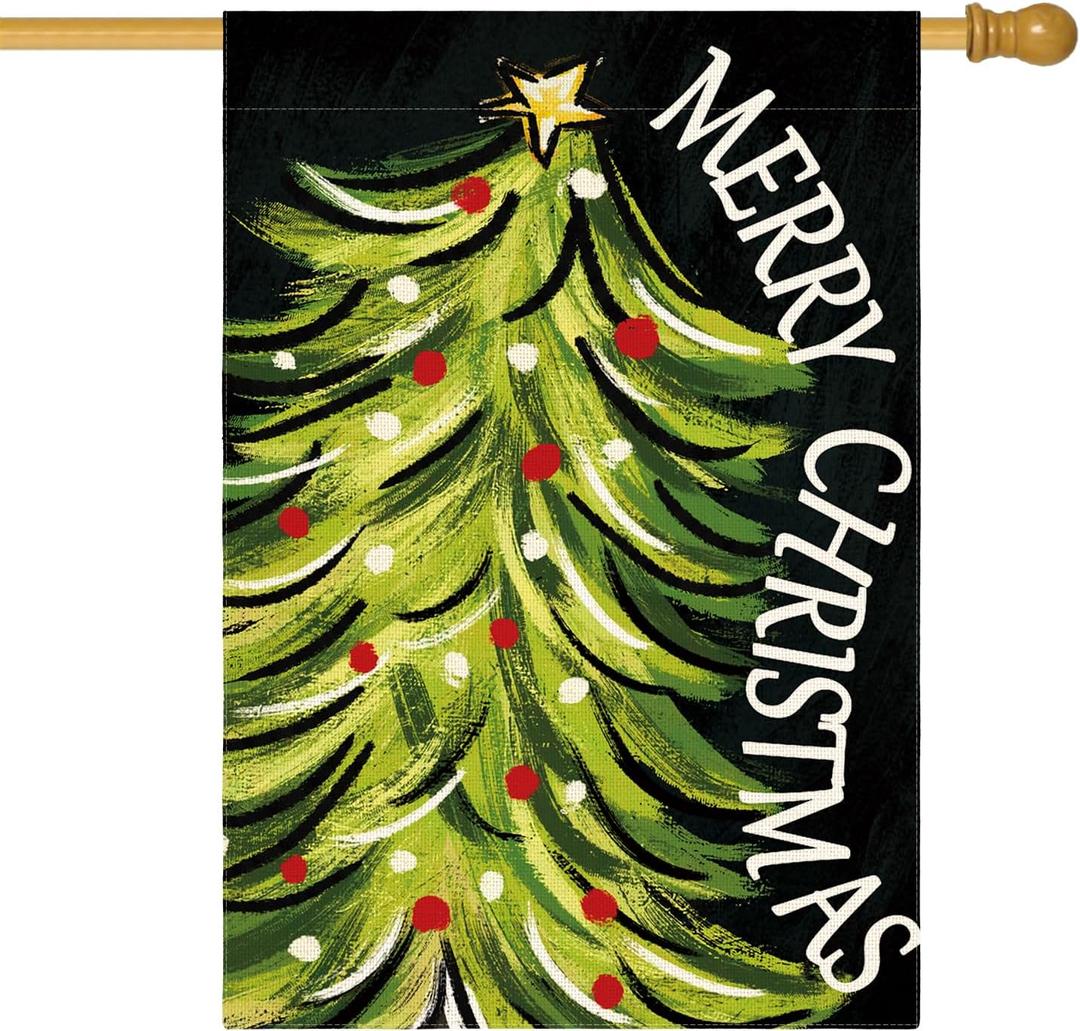 AVOIN colorlife Black Merry Christmas House Flag 28x40 Inch Double Sided, Christmas Tree Xmas Winter Holiday Yard Outdoor Decorative Flag