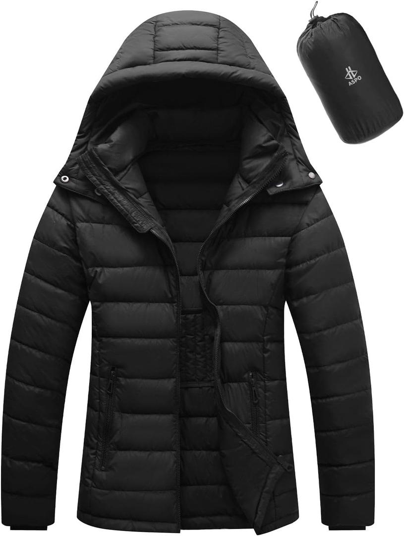 ASPO Women's Packable Puffer Jacket Lightweight Waterproof Warm Full Zip Quilted Winter Coat with Hood
