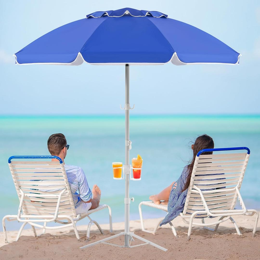Aoxun Portable Umbrella with Stand, 6.5ft Sun Shade Umbrella with Stand, Lightweight Adjustable Standing with Sand Anchor and Carry Bag, Instant Sun Protection, Easy to Carry, Blue