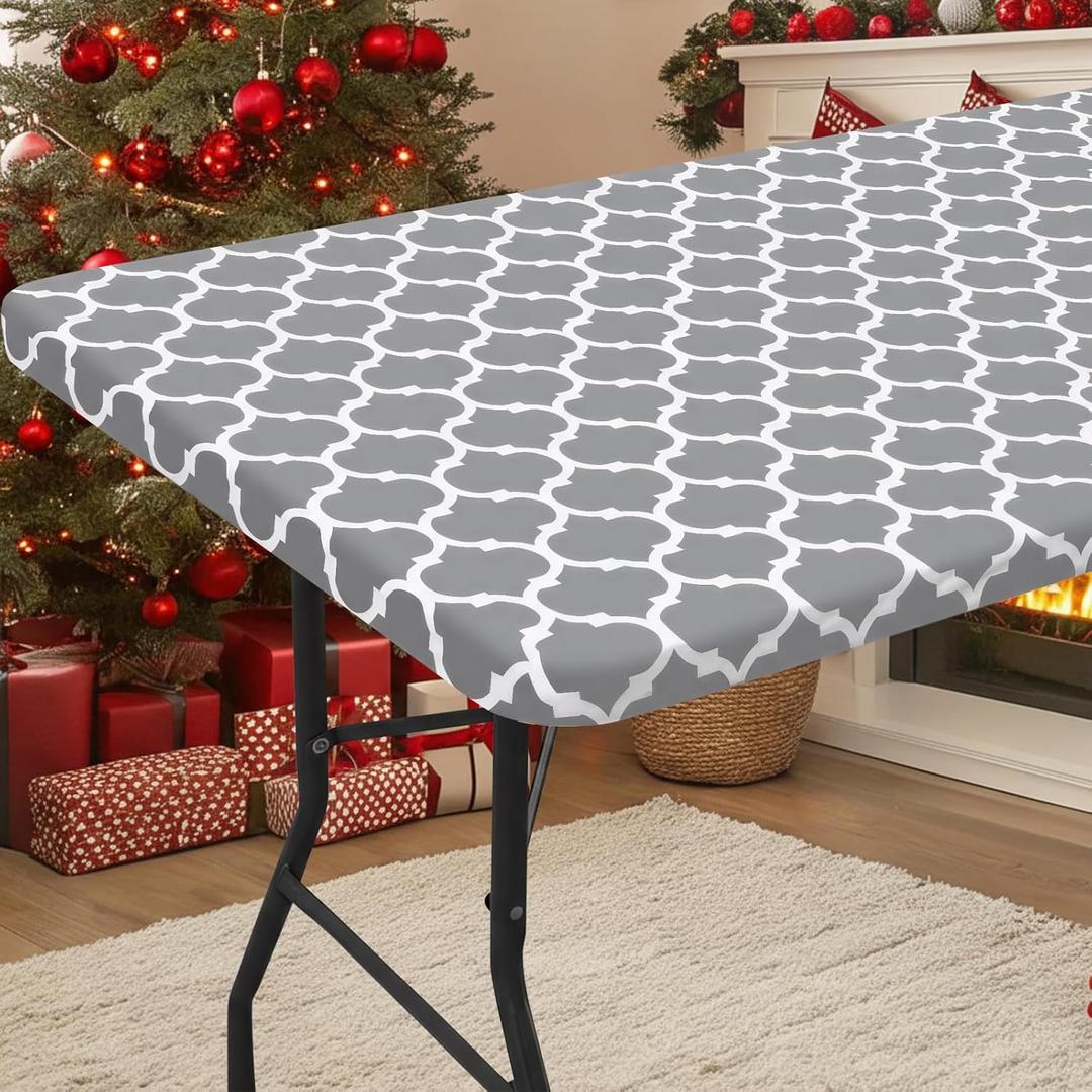 Smiry Rectangle Picnic Table Cover, Waterproof Elastic Fitted Camping Tablecloths for 4 Foot Tables, Wipeable Flannel Backed Vinyl Tablecloth Protector for Indoor, Outdoor (Grey, 24x48 Inches)