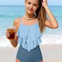 Girls Swimsuit Color Block One Piece Swimsuit 2-Tiered Ruffle Bathing Suit Adjustable Strap Girls' Swimwear 7-16Y