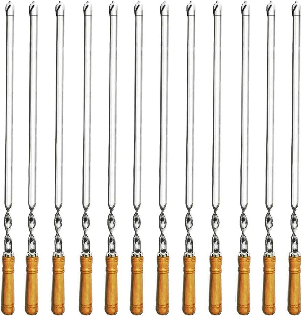 12 Pack Kabob Skewers BBQ Barbecue Skewers Stainless Steel Sticks 22 Inch Heavy Duty Large Wide Reusable with Nonslip Wooden Handle Ideal for Shish Kebab Chicken Shrimp and Vegetables