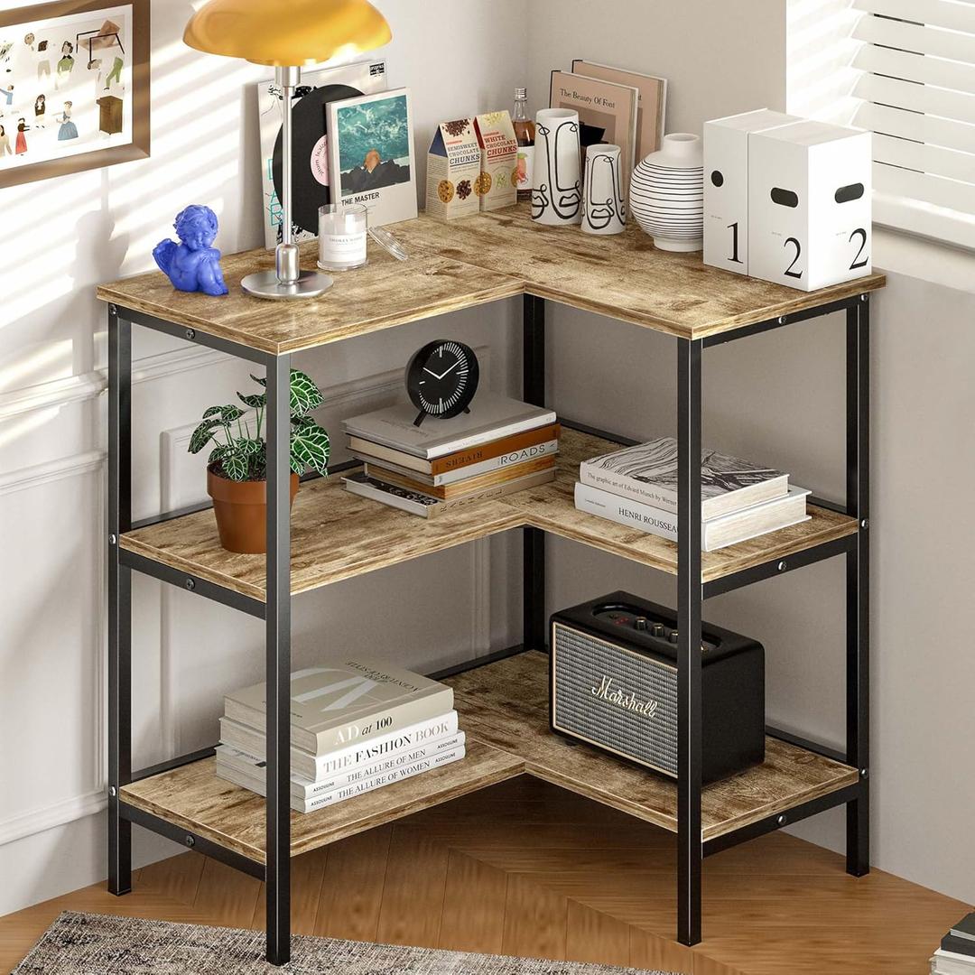 VECELO Corner Cabinet Table with 3 Tier Open Shelf, Multipurpose Display Organizer Storage Stand, for Small Space Living Room Home Office Kitchen,Oak Grey