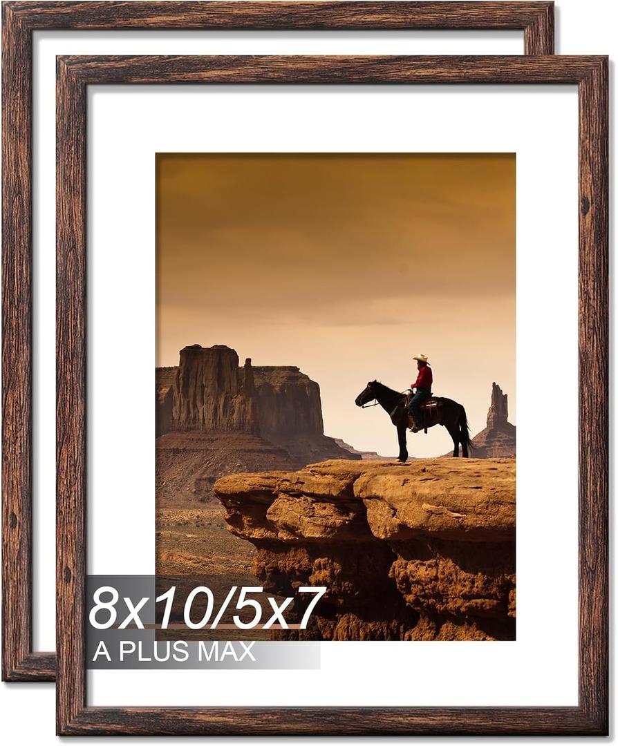 2 x A PLUS MAX 8x10 Picture Frame Set of 2, Brown Engineered Wood Frame for 8 x 10 Inch Picture Poster Photo, Light Weight 8 by 10 Frame with Wood-grain for Wall - 2 Pack/Brown/8"x10"