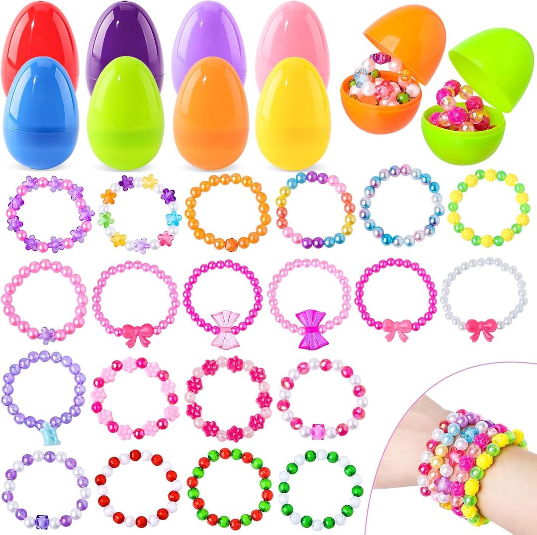 OCHIDO Prefilled Easter Eggs with Bracelets ,24 Pack Easter Basket Essentials Easter Basket Stuffers for Easter Eggs Hunt Game, Easters Party Favors for Girls