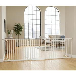 Heavy Duty Baby & Dog Safety Gate 86-104.7 Inch, White Metal, Tension Mounted No Drilling Pet Gate for Large Openings