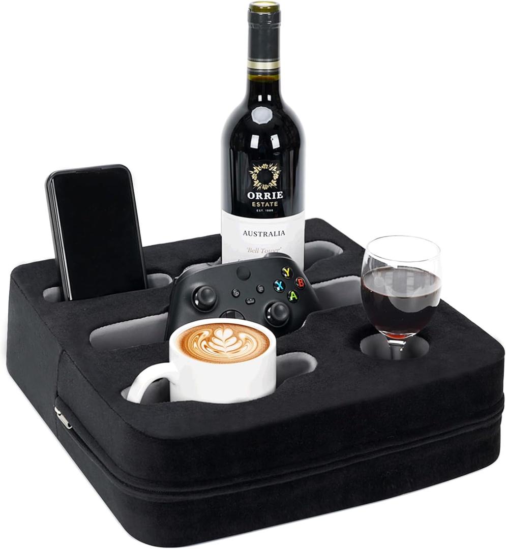 Couch Cup Holder Pillow - Sofa Cup Holder | Couch Caddy, Couch Drinks Remotes Holder for Cups, Headphones, Snacks, and Phones | Use it on Car, Pack, Beach, RV, and More (Black) (13" x 13" x 3.5")