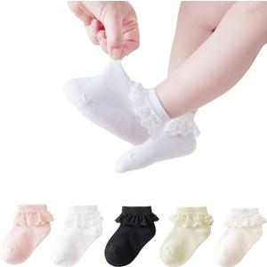 Baby Toddler Ruffle Socks Newborn Infant Girls Cotton Socks Unisex 5 Pairs (0-12 Months, Black/Beige/Pink/Green/Yellow)