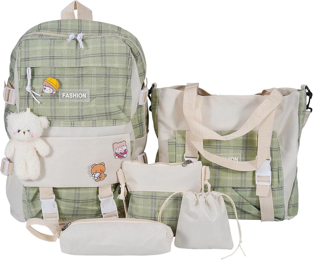 5Pcs Canvas School Backpack Combo Set with Kawaii Bear Pendant Cute Pins Plaid Check Handle Shoulder Bag Schoolbag (Green)