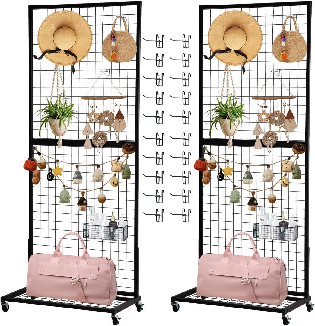 Eastern Tree Grid Wall Panels, Black Gridwall Panel Display Stand with a Baseplate, Grid Wall Display Rack, Grid Panels for Retail Display with 20 Hooks, 2 Packs 2.5'x 6'