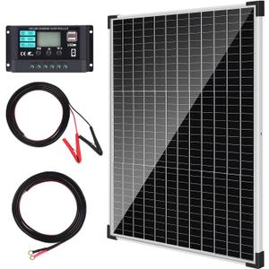 TBER 50W/12V Solar Panel Kit with 10A Charge Controller, Monocrystalline Solar Battery Trickle Charger Maintainer for Automotive Motorcycle Boat Marine RV Camping RV Farm Other Off-Grid Applications