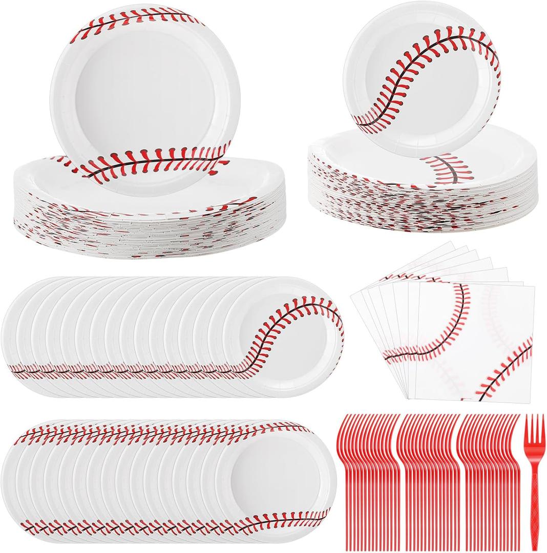Zhehao 192 Pcs Baseball Paper Plates and Napkins Set Baseball Party Supplies Decorations 7 Inch 9 Inch Disposable Paper Plates Napkins and Forks for Sport Themed Birthday Party Favors Serves 48