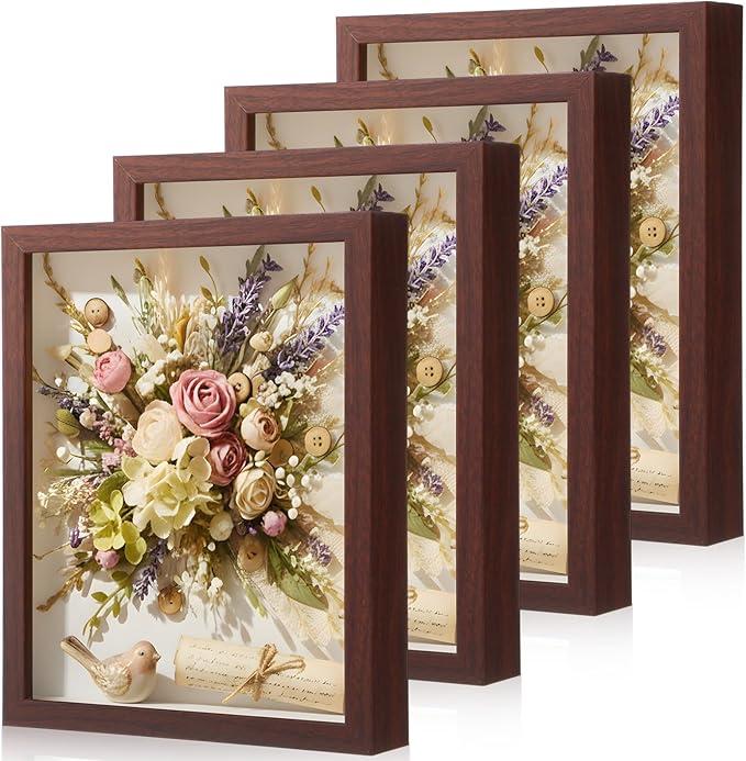 4 Pack 8x10 Shadow Box Frame Display Cases Wood Deep Shadow Box with Soft Felt Back Picture Frames for Graduation Memorabilia Wedding Bouquet Dried Flowers DIY Crafts Medals Photos(Walnut Color)
