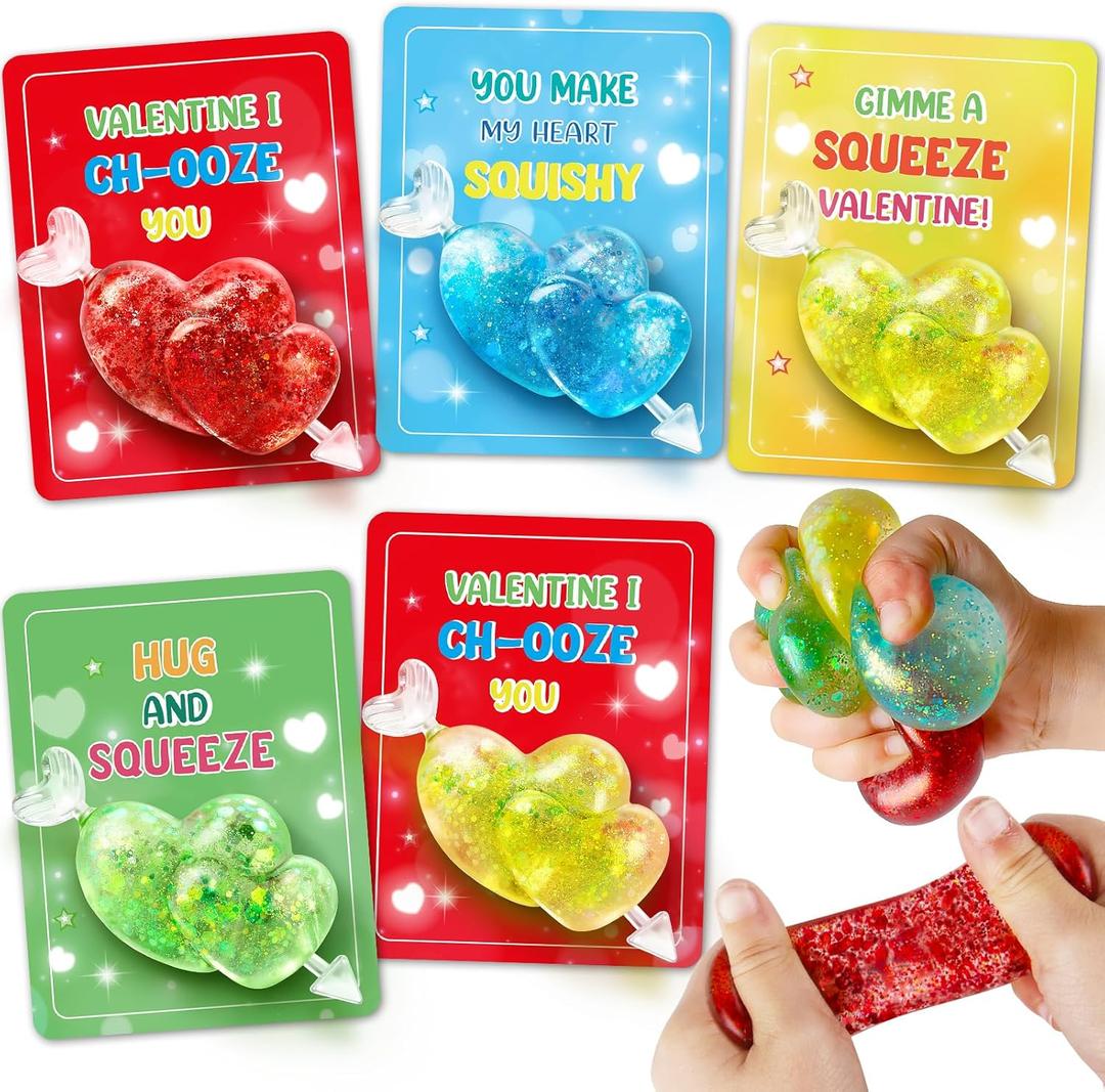 WEMEMORN Valentines Day Gifts Cards for Kids, 24 Pack Double Heart Squeeze Balls with Greeting Cards for Kids Classroom Exchange Prizes, Stretchy Toy Balls Bulk Gift, Squ