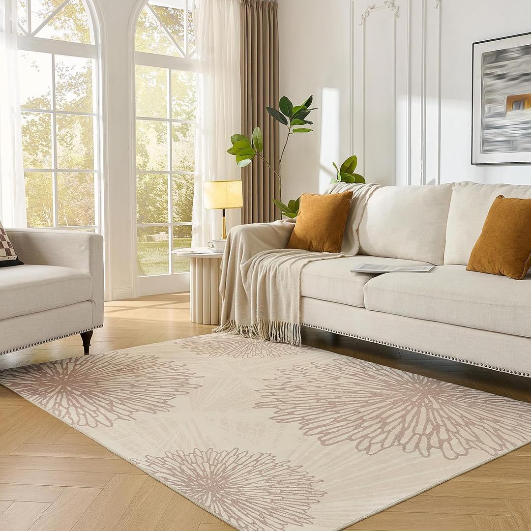 WITSHOCK 6x8 Area Rugs for Living Room: Beige Floral Washable Rugs for Bedroom Dining Room Office Nursery Modern Non-Slip Stain Resistant Low Pile Home DecorBeige/Brown,6'x8'