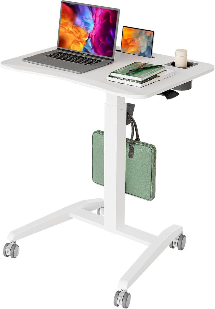 Gibbon Mounts Mobile Standing Desk, Height Adjustable Rolling Laptop Desk, 27 inches Portable Sit Stand Desk with Wheels and Hook, Pneumatic Computer Table,White Wooden, 27.5x20.5", Wood