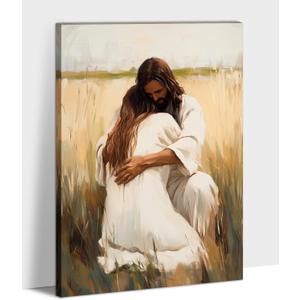 OLUNMILA Christian Jesus Canvas Wall Art Jesus is hugging a Girl Painting Picture Abstract Religion Aesthetic Praying artwork for Prayer Room Living Room Church Bedroom(RELI-4,12"x18")