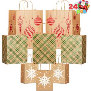 JOYIN 24 PCS Christmas Kraft Gift Bags Assorted Sizes, Reusable Holiday Paper Presents Wrapping Bags with Handles for Party, Birthday, Festival Classroom Treat Candy and Party Favors