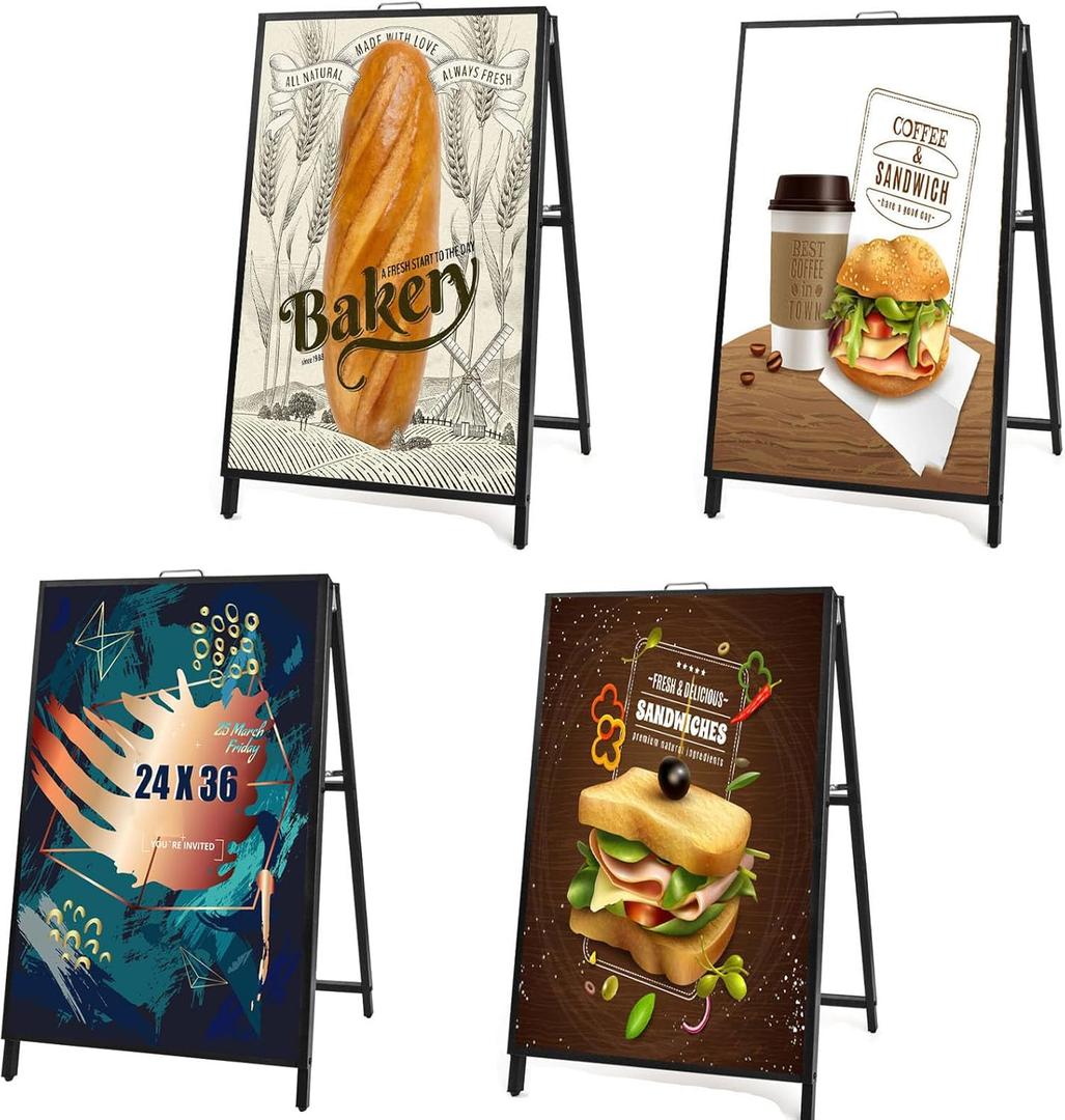 USCNC 4 PACK 24 x 36 Inch A Frame Sign Double-Sided Folding Sandwich Board Heavy Duty Slide-in Sidewalk Signboard for Outdoor Street Advertising Poster(Frame onlyNo white board)