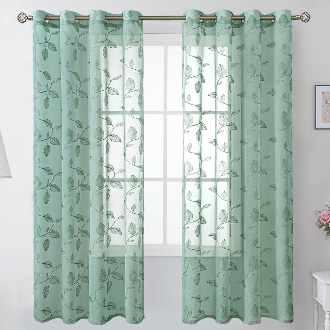 BGment Dark Green Sheer Curtains 72 Inches Long - Embroidered Leaf Pattern Light Filtering Cottage Core Botanical Semi Sheer Grommet Window Drapes for Farmhouse Living Room, 2 Panels, 52 x 72 Inch
