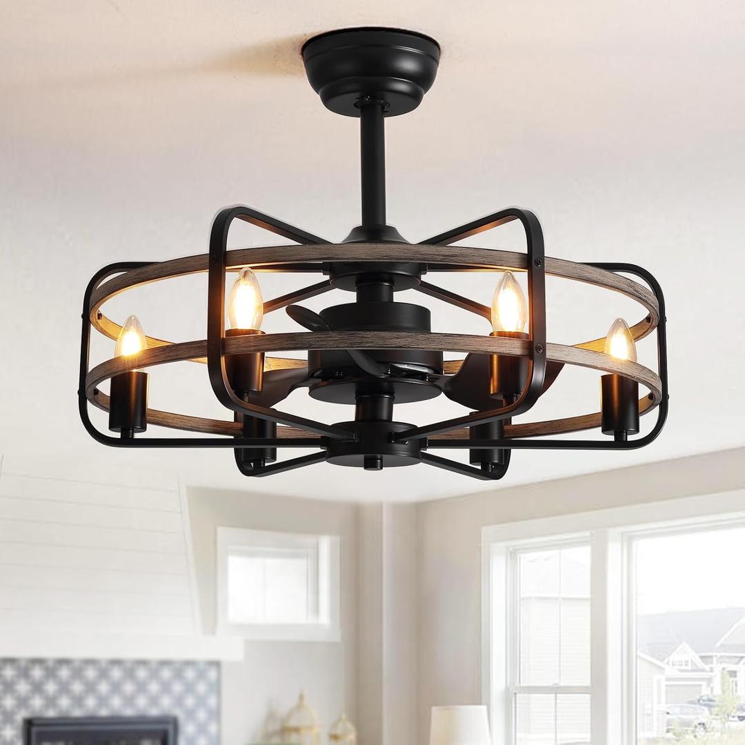 NOXARTE Cage Ceiling Fan with Light, Vintage Fandelier Remote Control, Bladess Industrial Chandelier Ceiling Fan Reverse Motor for Living Dining Room Bedroom Dia 25 Inch, Walnut