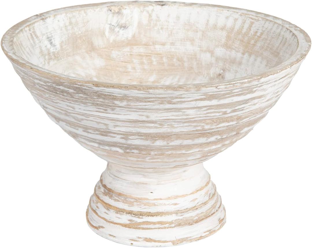 Creative Co-Op Boho Wood Pedestal Serving Bowl, White Wash Finish